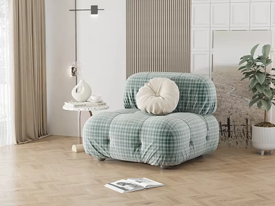 Green Plaid Single Sofa with White Round Cushion in Cozy Living Room Wooden Floor and Plant 3d model
