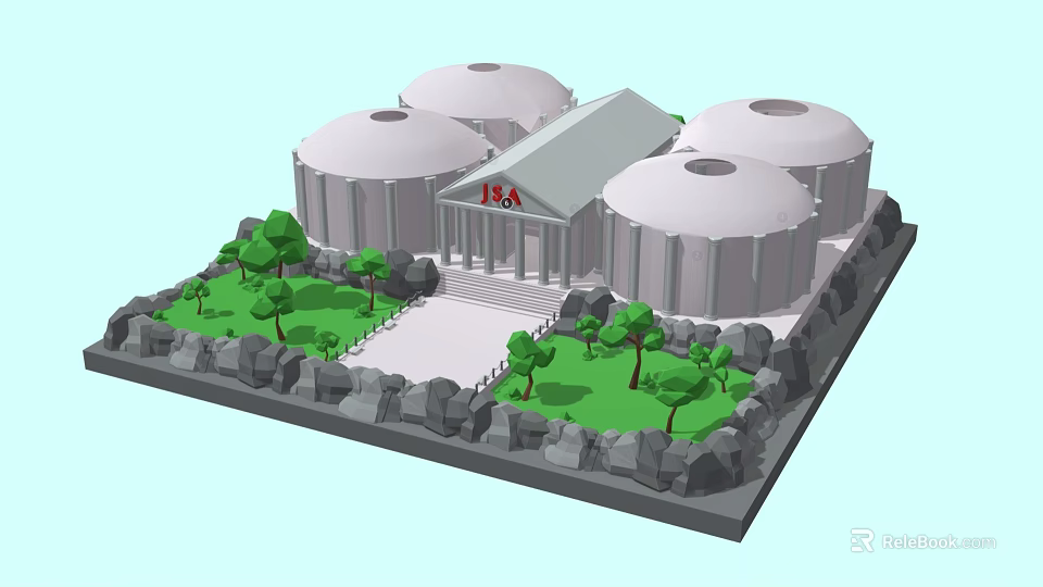 Cartoon Scene Featuring Domed Buildings Central Building Red Logo Green Grass Trees And Stone Fences 3d model 