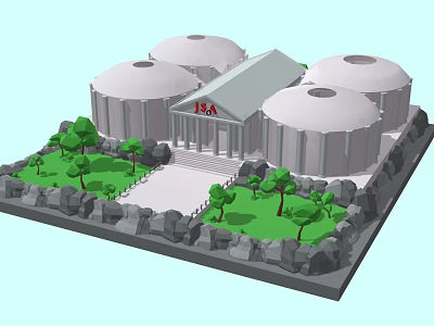 Cartoon Scene Featuring Domed Buildings Central Building Red Logo Green Grass Trees And Stone Fences 3d model