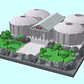 Cartoon Scene Featuring Domed Buildings Central Building Red Logo Green Grass Trees And Stone Fences