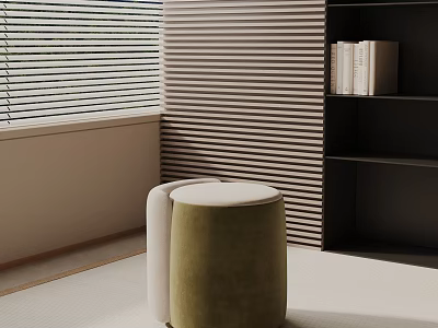 Round Green And White Velvet Side Table In Modern Room With Bookshelf And Blinds 3d model
