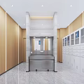 Modern Dental Clinic Interior With Dental Chair Circular Ceiling Light Wall TV And White Cabinets