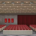 Modern Conference Room With Auditorium Seating Large Screen And Red Curtains