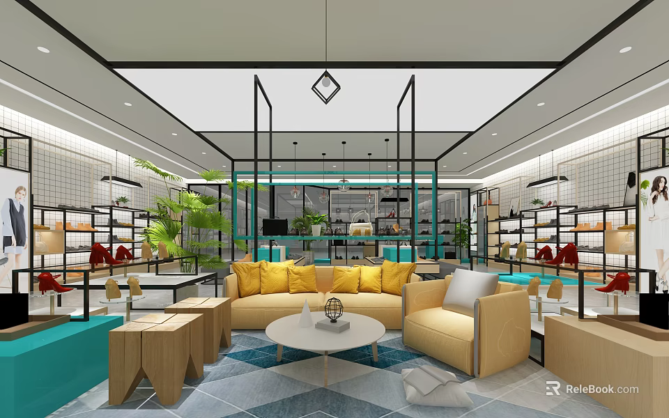 Modern Retail Store Interior With Yellow Sofas Round Coffee Table And Green Plants 3d model 