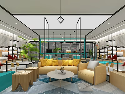 Modern Retail Store Interior With Yellow Sofas Round Coffee Table And Green Plants 3d model