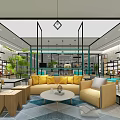 Modern Retail Store Interior With Yellow Sofas Round Coffee Table And Green Plants