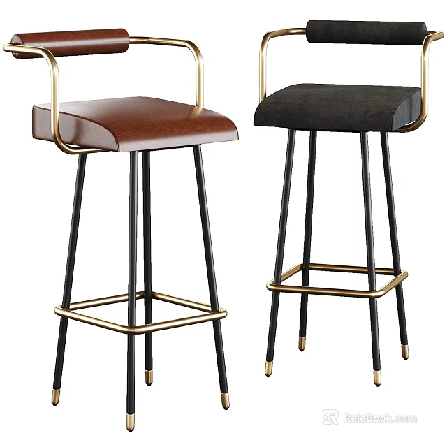 Modern Bar Stools With Leather And Velvet Seats Black Metal Legs Gold Accents 3d model 