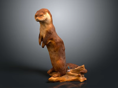 Handcrafted Standing Otter Wooden Sculpture With Natural Log Base And Detailed Craftsmanship 3d model