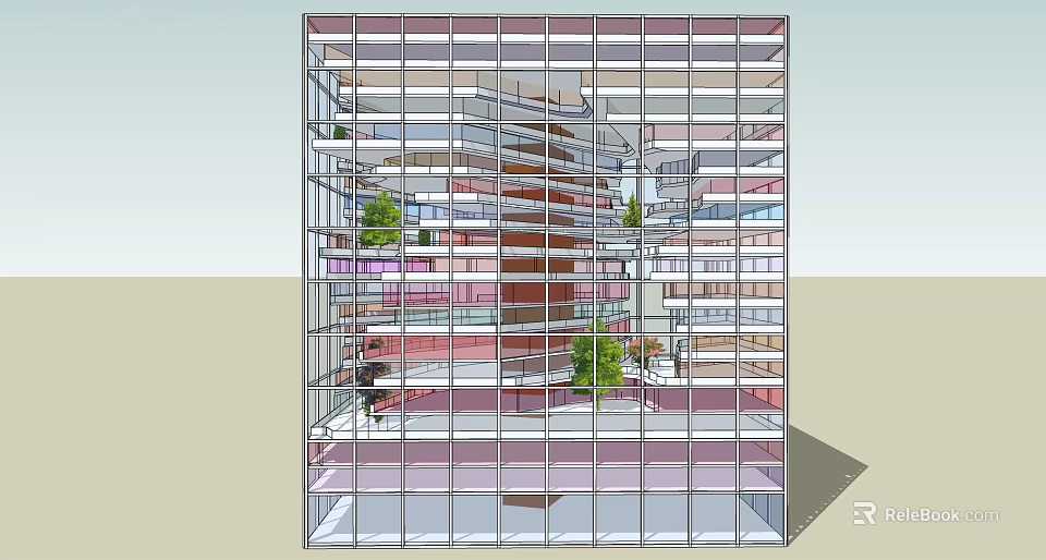 Modern Glass Facade Office Building With Multi Storey Interior Layout And Green Plants 3d model 