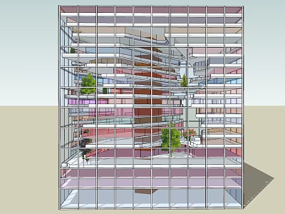 Modern Glass Facade Office Building With Multi Storey Interior Layout And Green Plants 3d model