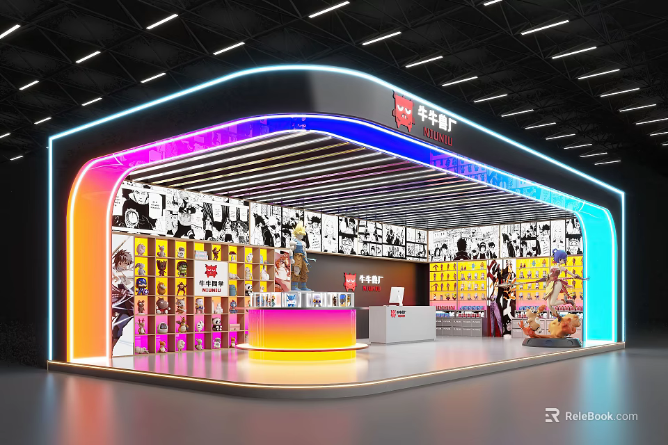 Contemporary Exhibition Booth Design With Colorful Neon Lights Backdrop And Product Shelves 3d model 