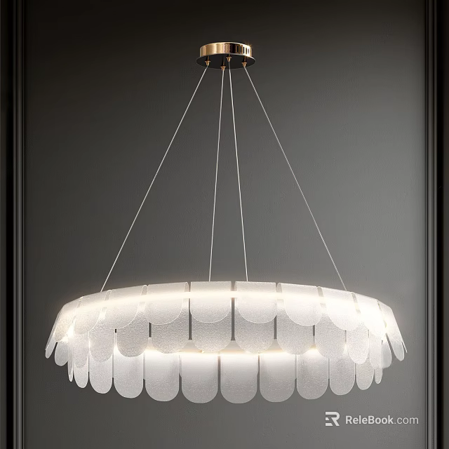 Modern Scalloped Chandelier with Double Layer White Shades Hanging in Grey Background Interior 3d model 