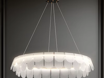 Modern Scalloped Chandelier with Double Layer White Shades Hanging in Grey Background Interior 3d model