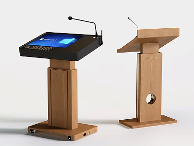 Two Modern Wooden Podiums With Display Screen And Microphone For Presentations 3d model