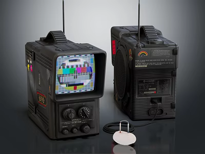 Vintage Portable TV with Antenna Knobs and Color Test Pattern Screen 3d model
