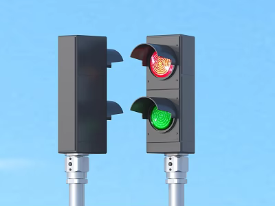 Two Traffic Lights Showing Red And Green Signals Against Blue Sky 3d model