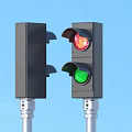 Two Traffic Lights Showing Red And Green Signals Against Blue Sky