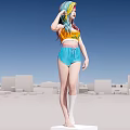 Colorful Haired Woman in Yellow Crop Top Blue Shorts White Socks Urban Platform