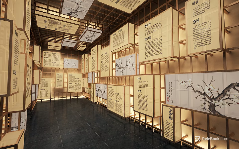 Cultural Exhibition Hall Interior With Wooden Display Panels And Traditional Paintings 3d model 