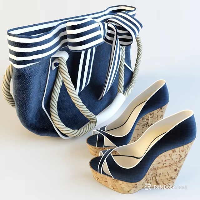 Navy Blue Striped Bag With Rope Handles Striped Bow And Matching Cork Wedge Heels Blue White 3d model 