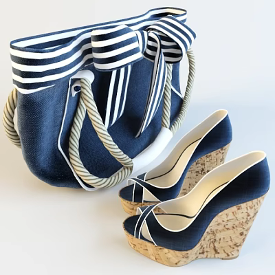 Navy Blue Striped Bag With Rope Handles Striped Bow And Matching Cork Wedge Heels Blue White 3d model