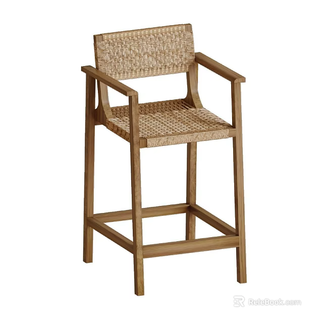 Natural Style Wooden Frame Bar Stool With Woven Seat And Backrest Design 3d model 