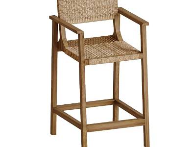 Natural Style Wooden Frame Bar Stool With Woven Seat And Backrest Design 3d model