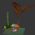 Lush Palm Plant with Tree Trunk Small Green Plants Moss and Brown Ground Cover
