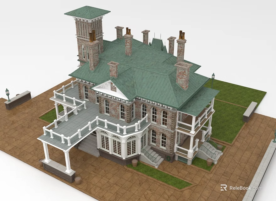 Charming Detached House with Green Roof Multiple Chimneys White Balcony Brick Walls and Lawn 3d model 