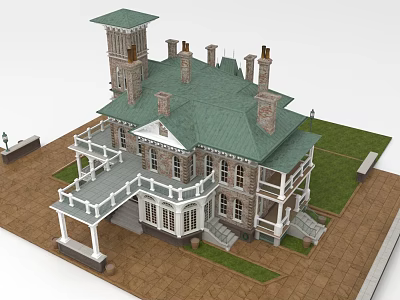 Charming Detached House with Green Roof Multiple Chimneys White Balcony Brick Walls and Lawn 3d model
