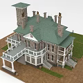 Charming Detached House with Green Roof Multiple Chimneys White Balcony Brick Walls and Lawn