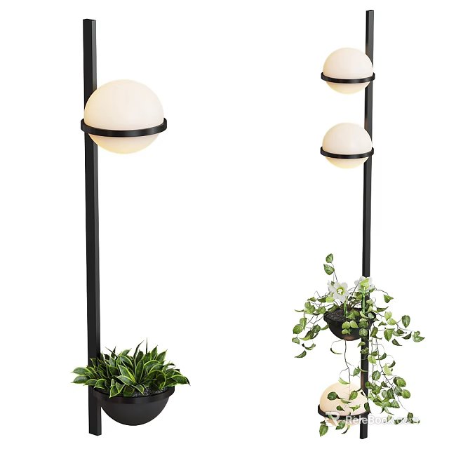 Modern Black Frame Chandelier With White Globe Shades And Green Decorative Plants 3d model
