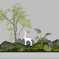 Garden Landscape With White Deer Sculpture Trees Green Moss Stones Grass And Small Plants