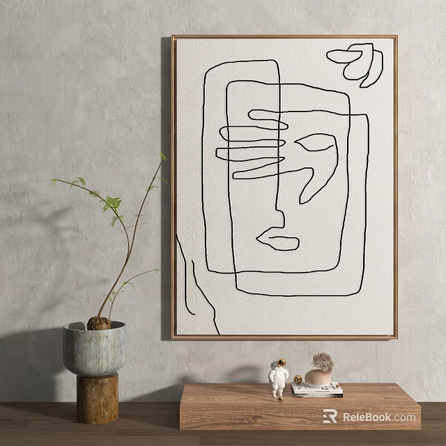 Abstract Line Face Drawing On Wall With Vase Plant And Table Decorative Items 3d model
