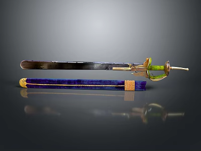 Antique Decorative Sword With Metal Blade Purple Velvet Scabbard And Gold Green Hilt 3d model