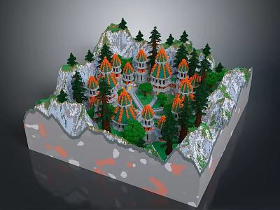 Scenic Mountain Landscape Featuring Orange Roofed Buildings Green Trees And Snowy Peaks 3d model