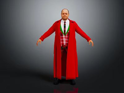 A Man In Red Long Coat With Plaid Vest And Green Tie Against Gray Background 3d model