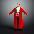 A Man In Red Long Coat With Plaid Vest And Green Tie Against Gray Background