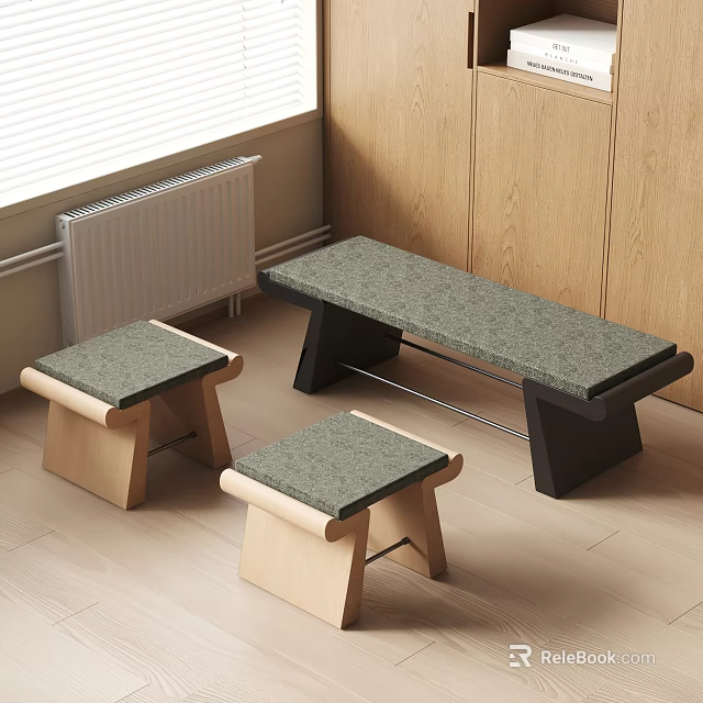 Modern Wooden Stools With Gray Stone Seats In Kitchen Interior With Light Floor And Cabinets 3d model 
