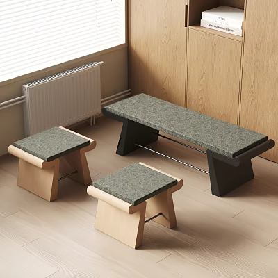Modern Wooden Stools With Gray Stone Seats In Kitchen Interior With Light Floor And Cabinets 3d model