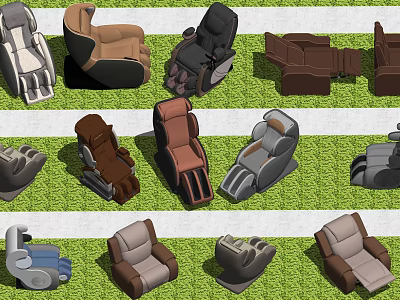 Comfortable Massage Chairs In Various Styles And Colors On Green Grass 3d model