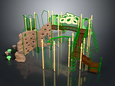 Outdoor Playground Equipment With Climbing Wall Slide Ladders And Green Wooden Structure 3d model