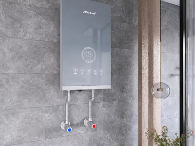 Wall Mounted Kitchen Appliance on Gray Tiled Wall With Digital Display Control Buttons and Valves 3d model