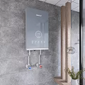 Wall Mounted Kitchen Appliance on Gray Tiled Wall With Digital Display Control Buttons and Valves