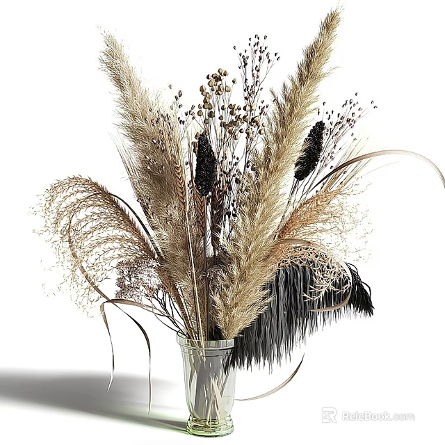 Elegant Glass Vase With Pampas Grass Dried Flowers And Feathers In Neutral Tones 3d model 