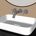 Wall Mounted Silver Faucet Above White Rectangular Sink With Round Mirror On Beige Wall 3d model