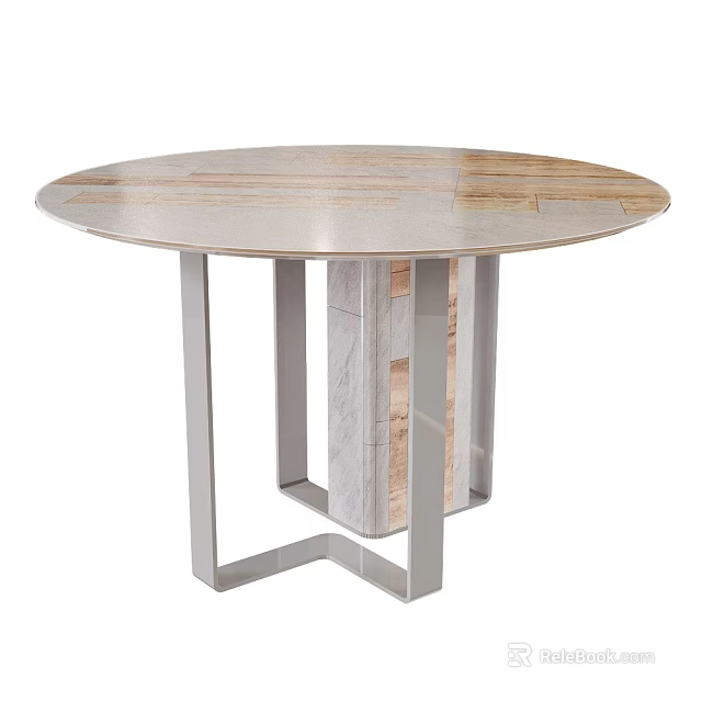 Round Wooden Dining Table With Mixed Wood Grain And Silver Metal Geometric Legs 3d model 