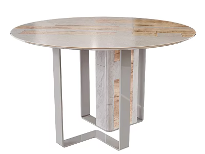 Round Wooden Dining Table With Mixed Wood Grain And Silver Metal Geometric Legs 3d model