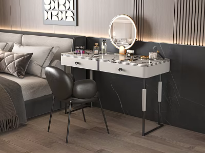 Modern Bedroom Dressing Table With Round Mirror Drawers Cosmetics And Chair Design 3d model