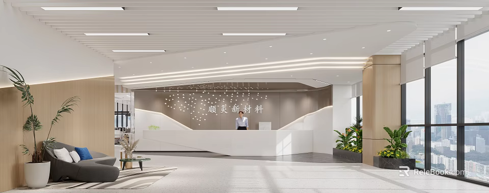 Modern Sleek Minimalist Enterprise Reception Desk With Bright Spacious Elegant Office Lobby Interior Design 3d model 